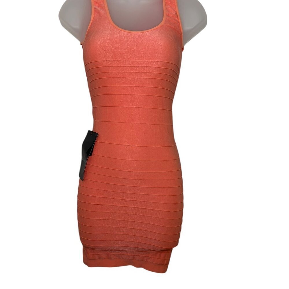 Bebe Back Cutout Shine Bodycon Dress Salmon Small NWT - Picture 4 of 6